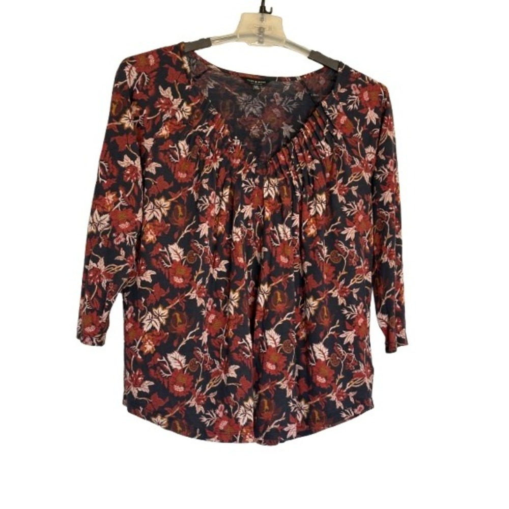 Lucky Brand Women Red Navy Floral Pleated V-Neck 3/4 Sleeve Cotton Modal Top L
